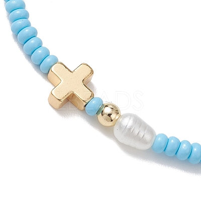 7Pcs Glass Seed Bead Stretch Bracelets with Brass Cross & Imitation Pearl BJEW-MZ00299-1