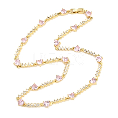 Brass Pave Pink Cubic Zirconia Heart Link Chain Necklaces KK-CBA4547-16A-G-1
