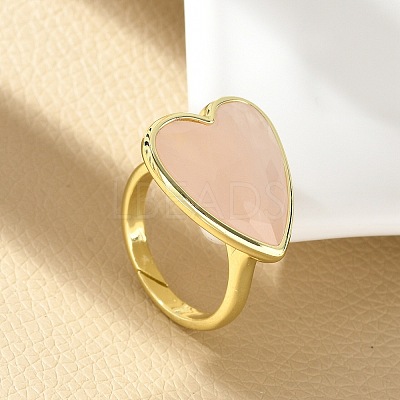 Heart Brass Natural Rose Quartz Finger Rings X-RJEW-D304-01G-B-1