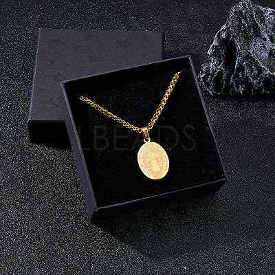 2Pcs Stainless Steel Saint Benedict Oval Medal Pendant Wheat Chain Necklaces NJEW-DC0001-20G-1