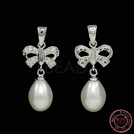 Anti-Tarnish Bowknot and Teardrop Rhodium Plated 925 Sterling Silver Pearl Pendants STER-N011-11-1