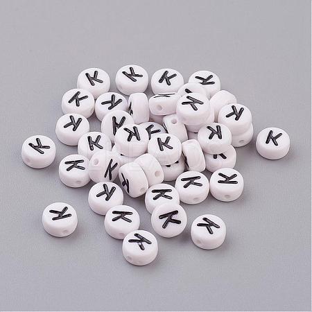 Flat Round with Letter K Acrylic Beads X-PL37C9070-K-1