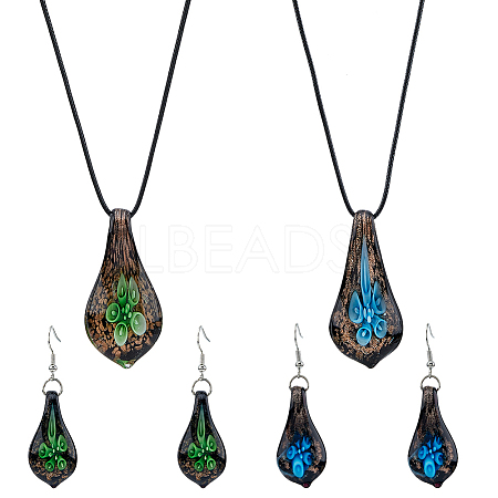 FIBLOOM 2 Sets 2 Colors Teardrop with Flower Glass Dangle Earrings & Pendant Necklace SJEW-FI0001-14-1