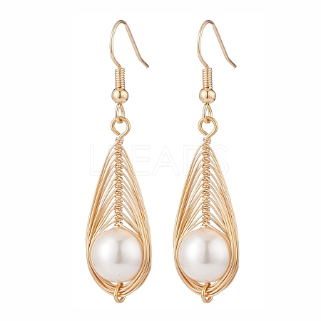 Shell Pearl Braided Teardrop Dangle Earrings EJEW-TA00088-1