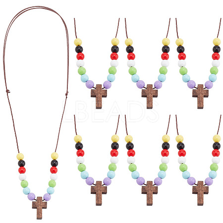 Wood Cross with Acrylic Beaded Pendant Necklaces for Women NJEW-AB00012-1