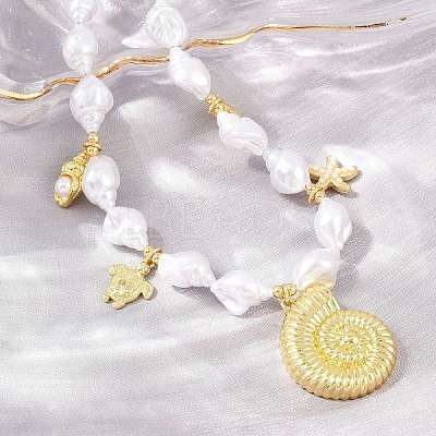Ocean Brass Conch Shell Dolphin Turtle Pendant White ABS Plastic Imitation Keshi Pearl Beaded Necklaces KK-CBA4547-02G-1