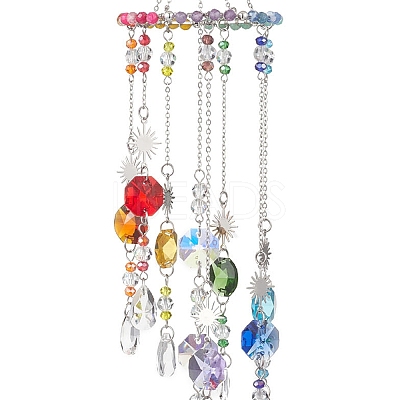 Glass & Stainless Steel Round & Teardrop & Octagonal Beads Hanging Suncatchers HJEW-JM04536-1