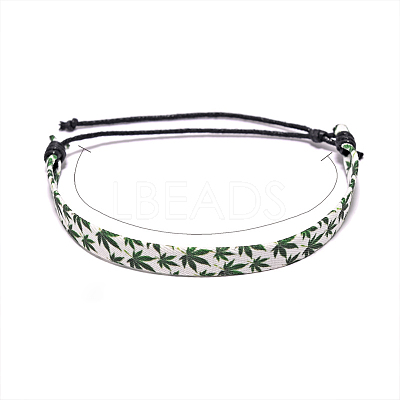 Printed Maple Leaf Pattern Cloth & Waxed Cord Braided Bracelets for Men Women FS-WG27F11-01-1