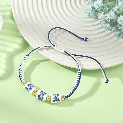 Adjustable Handmade Chinoiserie Floral Printed Porcelain Column Beads & Brass Braided Bead Bracelets for Women BJEW-JB14210-1
