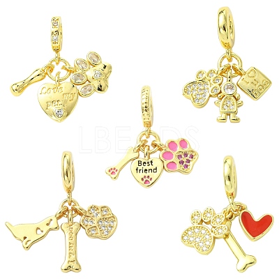 5Pcs 5 Styles Brass Micro Pave Clear Cubic Zirconia European Dangle Charms FIND-CJ0005-20-1