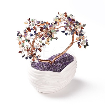 Natural Gemstone Heart Tree Ceramic Bonsai DJEW-G027-21RG-1