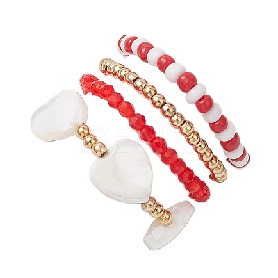 Transparent Glass Beads with Brass Beads and Natural Trochid Shell/Trochus Shell Beads and Glass Seed Beads Rings RJEW-TA00188-1