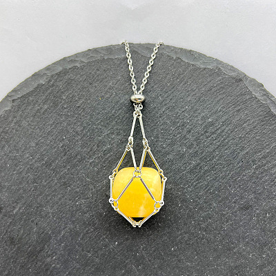 Natural Topaz Jade Nuggets Macrame Pouch Pendant 201 Stainless Steel Chain Necklaces FS-WG7A779-06-1