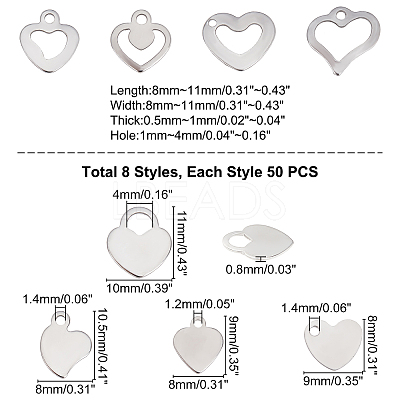 400Pcs 8 Style 201 Stainless Steel Charms STAS-UN0028-24-1