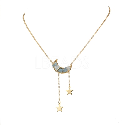 Natural Aquamarine Chip Beads Moon Pendant Brass Cable Chain Necklaces for Women NJEW-TA00257-04-1