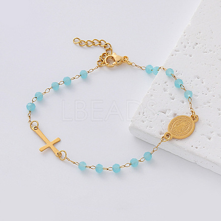 304 Stainless Steel Oval Religion Cross Link Resin Beaded Anklets for Women AH5734-3-1