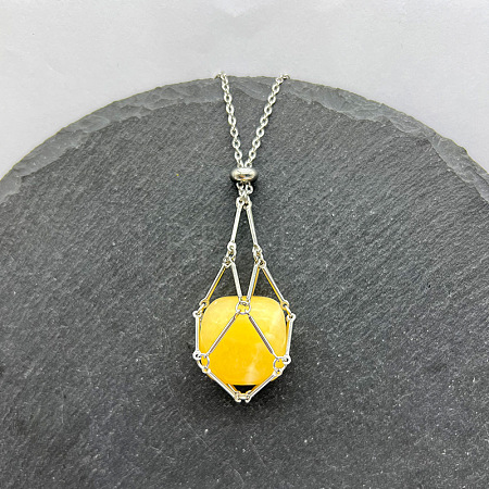 Natural Topaz Jade Nuggets Macrame Pouch Pendant 201 Stainless Steel Chain Necklaces FS-WG7A779-06-1