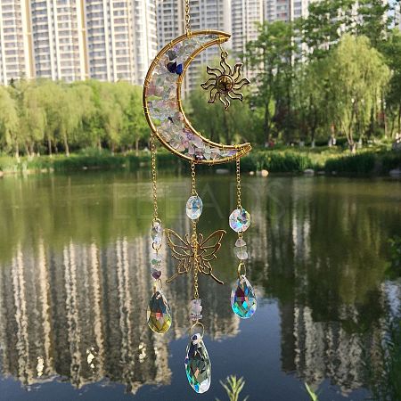 Natural Fluorite Chip & Metal Moon Hanging Suncatchers PW-WG15083-07-1