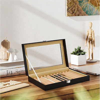 Black PU Leather Pen Organizer Boxes with Clear Glass Visible Window Lid CON-WH0107-129A-1