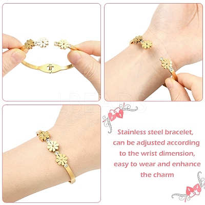 1Pc Adjustable Flower Vacuum Plating 304 Stainless Steel Bangles for Women BJEW-YW0001-16-1