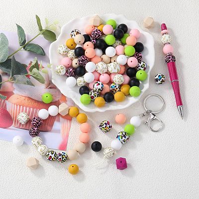 89Pcs Colorful Pattern Printed Silicone Beads Sets SIL-SZ0002-54E-1