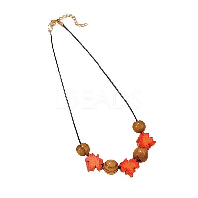 Wooden Round and Maple Leaf Beaded Necklaces with Black Imitation Leather Cord WGC6511-01-1