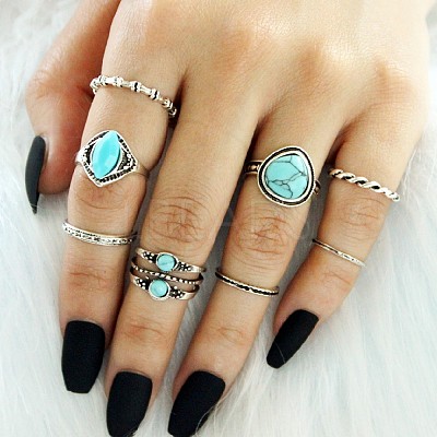 7Pcs Alloy with Synthetic Turquoise Finger Rings FS-WGB916C-10-1