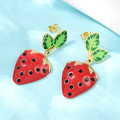 304 Stainless Steel Enamel Strawberry Dangle Stud Earrings EJEW-A138-10G-01-1