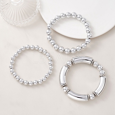 3Pcs Round & Curved Tube CCB Plastic Stretch Bracelets BJEW-JB12999-1