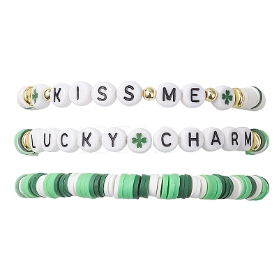 3Pcs Handmade Polymer Clay & Acrylic Beaded Stretch Bracelets for Women BJEW-JB12729-1