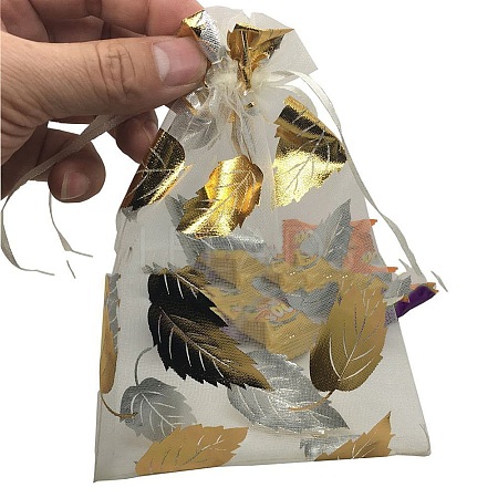 Gold Stamping Leaf Organza Printed Gift Bags with Drawstring PW-WGCD8B4-01-1