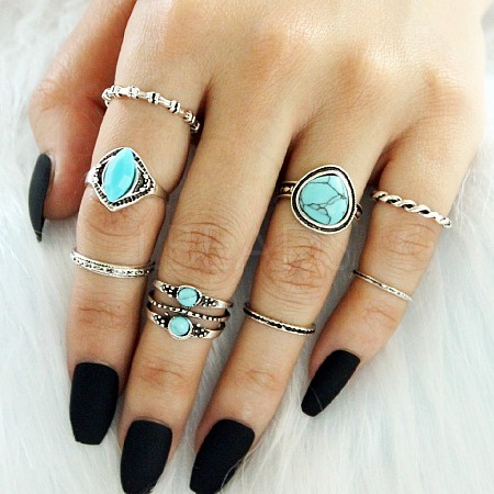 7Pcs Alloy with Synthetic Turquoise Finger Rings FS-WGB916C-10-1