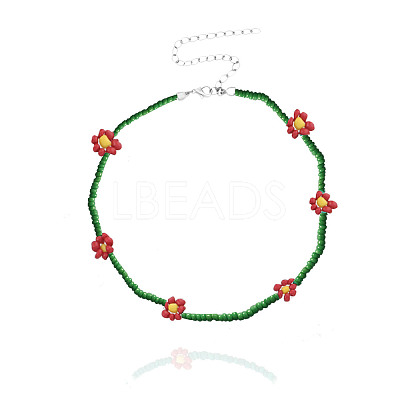 Bohemian Daisy Flower Glass Seed Beaded Necklaces with Alloy End Chains FS-WGC49A6-09-1