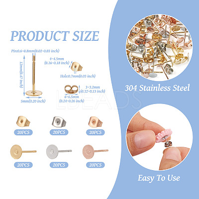 60Pcs 3 Color Flat Round 304 Stainless Steel Stud Earring Findings STAS-TA0002-47-1