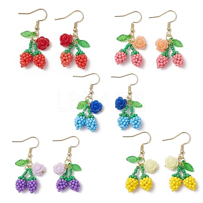 Flower with Cherry 304 Stainless Steel Glass Seed Beads Dangle Earrings EJEW-MZ00419-1