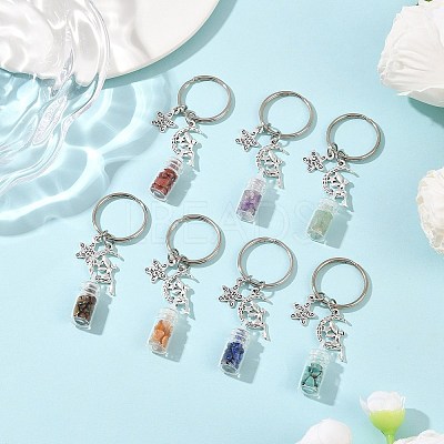 7Pcs 7 Styles Glass Bottle with Chakra Gemstone Chip Inside Keychains KEYC-JKC01393-01-1