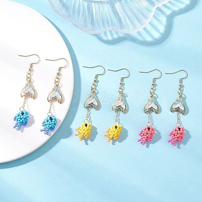 3 Pairs Seed Glass Beads Fish with Fishtail Dangle Earrings EJEW-MZ00599-1