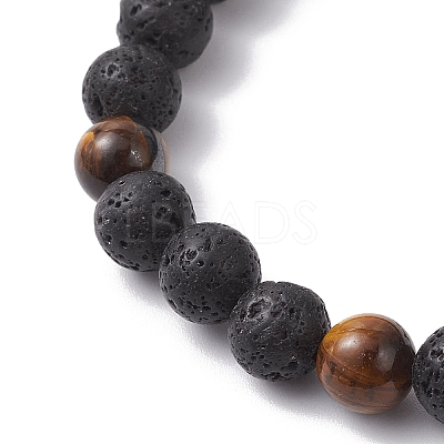 2Pcs 2 Styles Natural Lava Rock & Tiger Eye Round Beaded Stretch Bracelet Sets for Women Men BJEW-JB12248-1