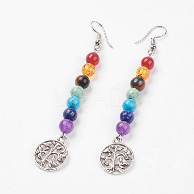 Gemstone Chakra Dangle Earrings EJEW-P136-C-1