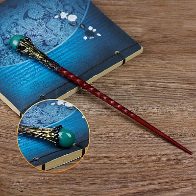 Natural Green Aventurine Magic Wand with Wooden Findings PW-WG44227-03-1