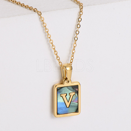 304 Stainless Steel Pave Natural Paua Shell Rectangle Initial Pendant Necklaces for Women FS-WG38E89-22-1
