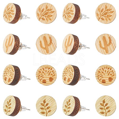 SUNNYCLUE 8 Pairs 4 style Natural Wood Flat Round Stud Earrings EJEW-SC0001-47-1