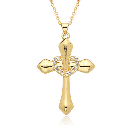 Brass Micro Pave Clear Cubic Zirconia Cross with Heart Pendant Necklaces FS-WG8523C-05-1