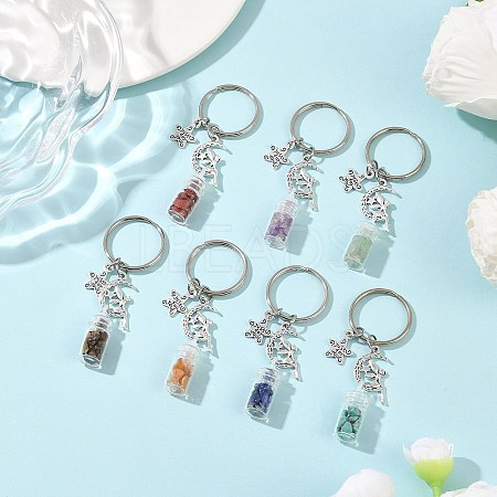 7Pcs 7 Styles Glass Bottle with Chakra Gemstone Chip Inside Keychains KEYC-JKC01393-01-1