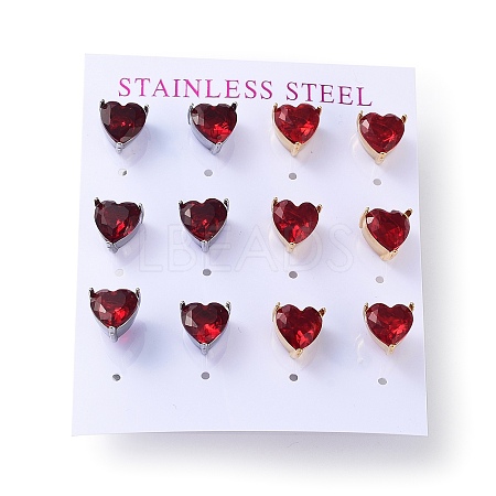 6 Pair 2 Color Heart Cubic Zirconia Stud Earrings EJEW-A024-15C-1
