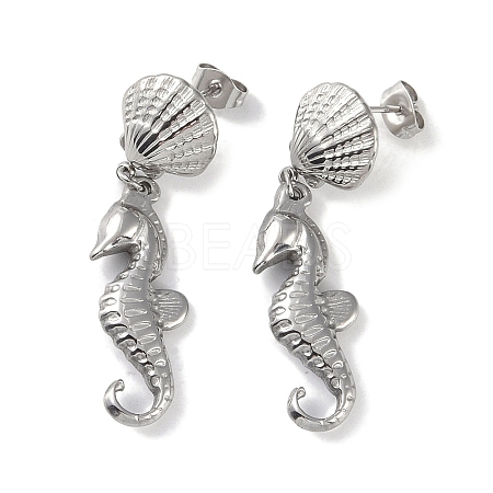 Non-Tarnish Texture Sea Horse 304 Stainless Steel Dangle Earrings EJEW-L283-024P-1