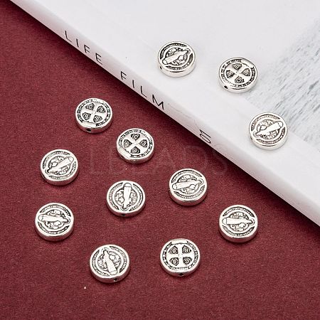 Antique Silver Tone Saint Benedict Medal Tibetan Style Alloy Beads X-TIBEB-A20405-AS-LF-1