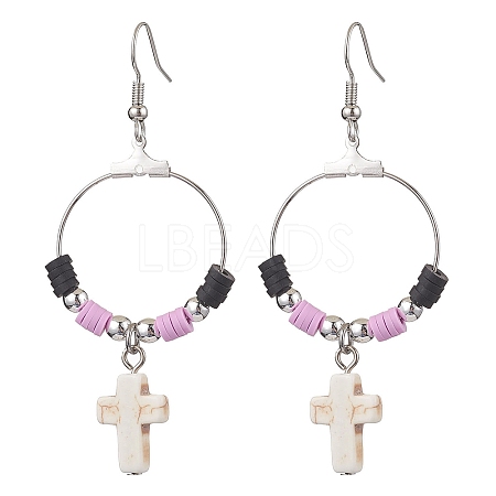 Cross Synthetic Turquoise & Polymer Clay Dangle Earrings for Women EJEW-JE05893-02-1