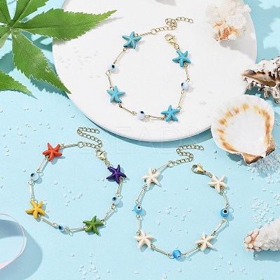 3Pcs 3 Color Glass Evil Eye & Synthetic Turquoise Starfish Link Chain Bracelets Set BJEW-TA00428-1