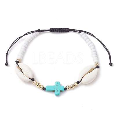 Corss Synthetic Turquoise & Natural Cowrie Shell Braided Bead Bracelets BJEW-JB10357-01-1